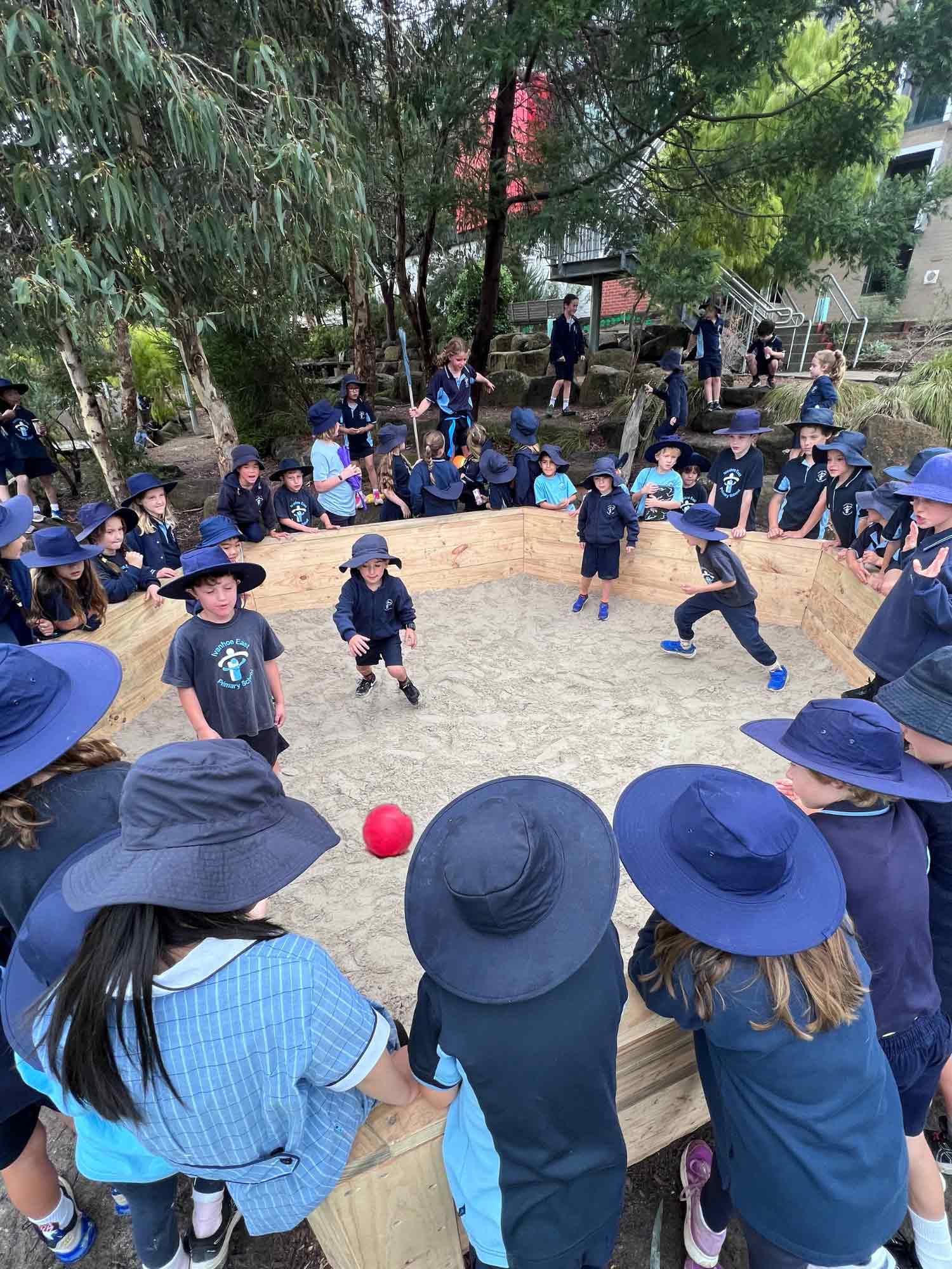 Primary School Students join in playing Gaga Ball in their Gaga Ball Pit. 