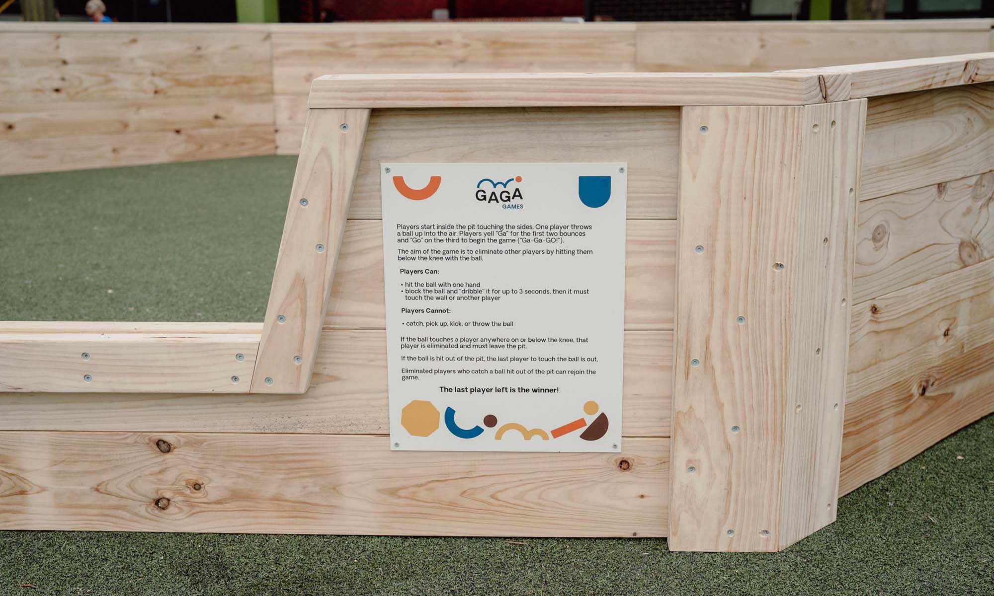 Close up of Timber Outdoor Gaga Ball Pit Sign by Gaga Games Australia