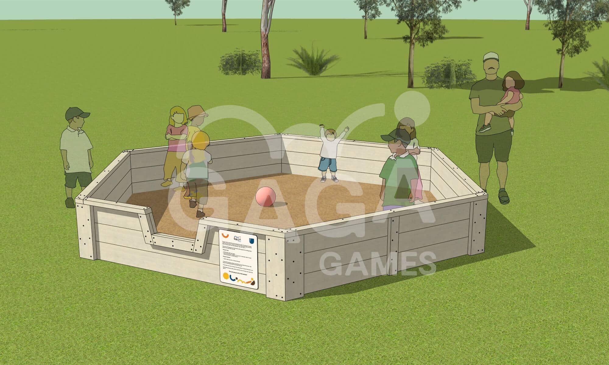Staged CAD Image of a Gaga Games Timber Outdoor Gaga Ball Pit size Large 61cm tall
