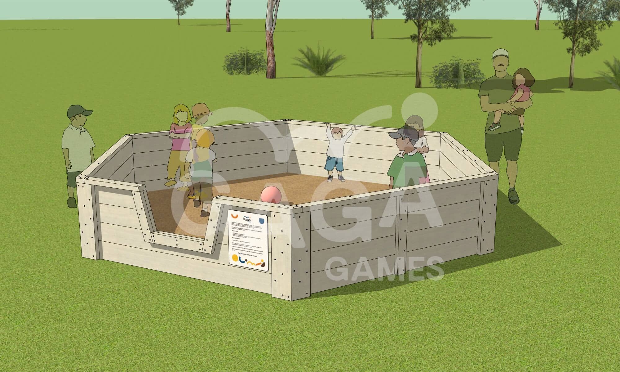 Staged CAD Image of a Gaga Games Timber Outdoor Gaga Ball Pit size Large 80cm tall