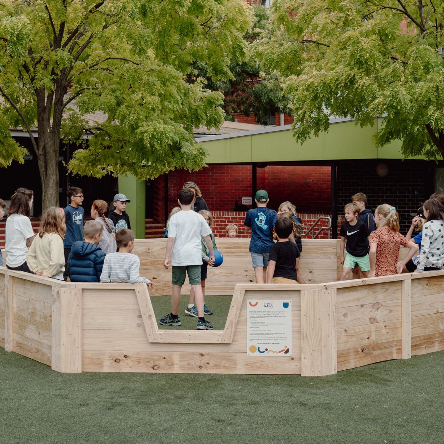 Timber outdoor Gaga Ball Pit - Delivered and installed Australia-wide by Gaga Games and Castle and Cubby. 