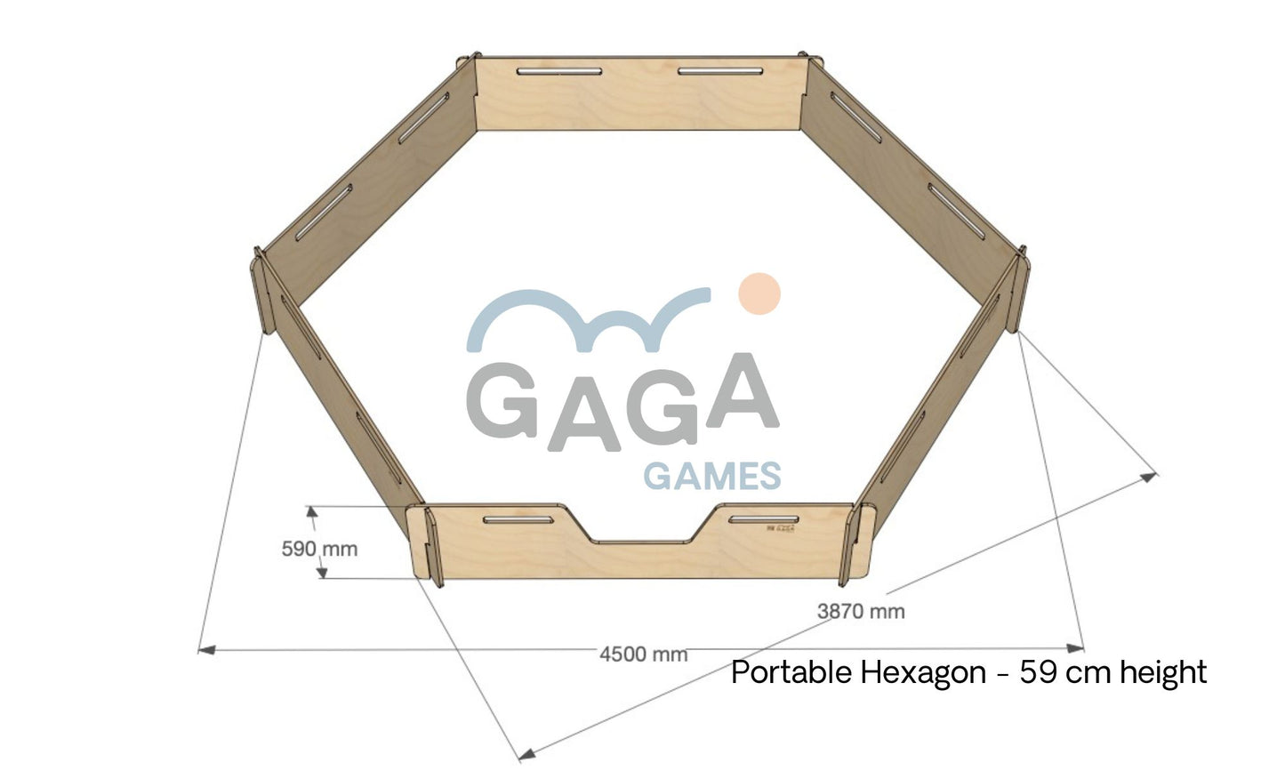 The dimensional information of our 59cm Hexagonal Portable Gaga Pit. Perfect for indoor/outdoor play and events. 
