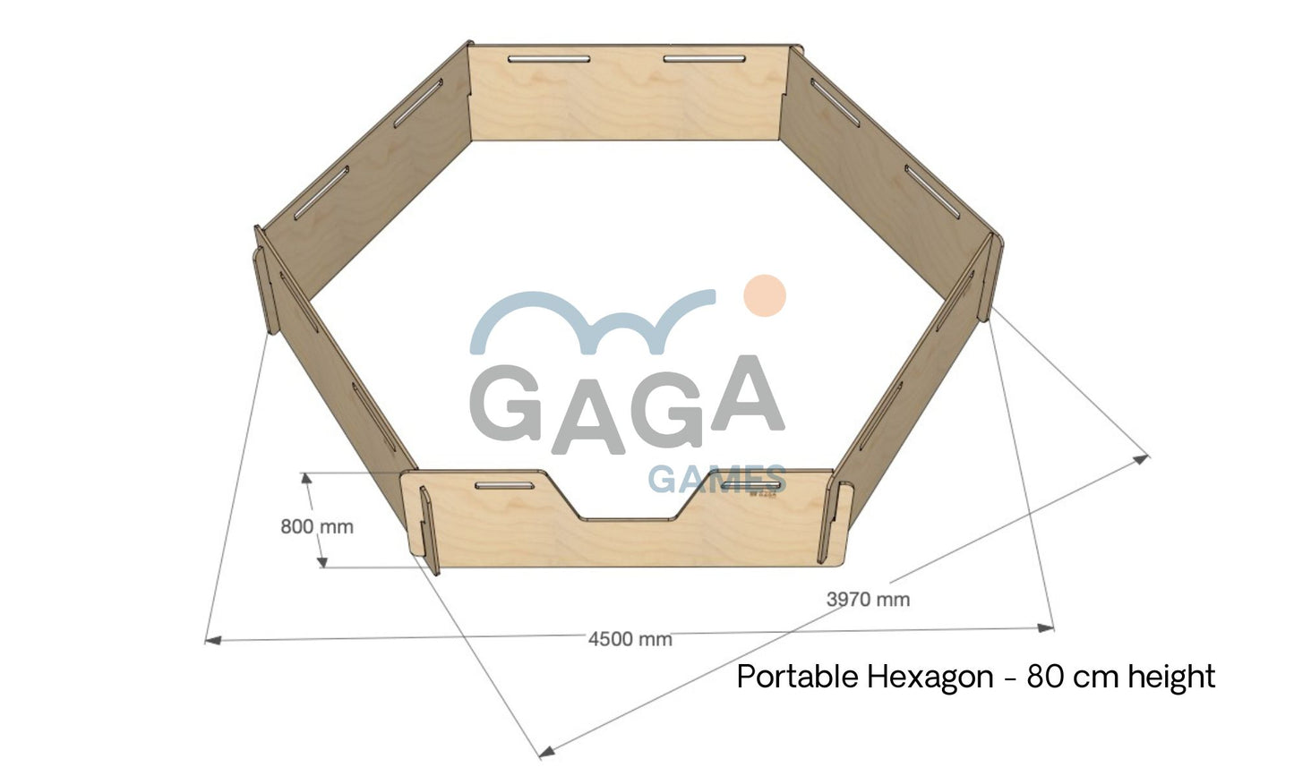 The size information of our 80cm Hexagonal Portable Gaga Pit. Perfect for indoor/outdoor play and events.